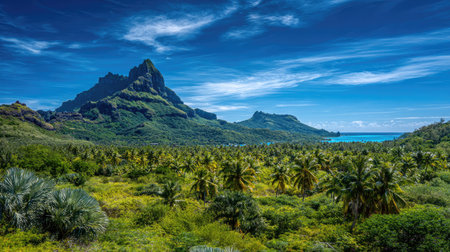 The image showcases a tropical landscape featuring a majestic mountain range, lush vegetation, and a clear blue sky. Palm trees dot the foreground, while the composition employs natural lighting, with a focus on vivid colors. Suitable for diverse commercial and editorial applications, it portrays a sense of natural beauty.の素材
