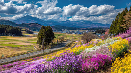 A picturesque landscape showcases a vibrant display of colorful flowers covering a hillside. The composition features a road, open fields, and a mountain range under a dynamic, cloudy sky. This outdoor shot, with its rich colors and natural setting, could be used for editorial or commercial purposes.の素材