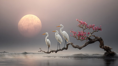 Three elegant white birds are perched on a tree branch adorned with pink blossoms. The serene scene features a full moon and a calm body of water. The image exhibits a soft, diffused lighting, with muted colors creating a peaceful and tranquil ambiance. It could be used for various editorial or decorative purposes.の素材