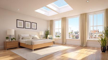 A bright bedroom interior features a bed, nightstands, and windows allowing natural light to fill the space. Neutral tones and wooden accents create a welcoming atmosphere. The room includes framed artwork, plants, and elegant curtains. Ideal for use in interior design projects or lifestyle publications.の素材