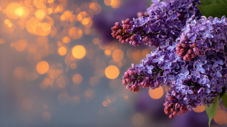 Close-up captures blooming lilac flowers in shades of purple and pink. The image highlights the texture of the blossoms against a blurred backdrop of golden bokeh, suggesting a soft, warm environment. Suitable for various design projects, including floral themes, seasonal promotions, or decorative purposes.の素材