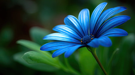 A detailed image presents a vivid blue flower, its petals radiating outwards. The surrounding environment features lush green foliage, with a soft, blurred background suggesting an outdoor setting. The composition could be utilized for various purposes, including decorative designs or natural themes.の素材
