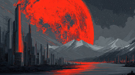 A digital artwork presents a dystopian cityscape dominated by tall structures and a river of red liquid. A giant red orb dominates the background. The composition utilizes a dark, moody color palette. This art piece could be used for science fiction, fantasy illustrations, or concept art for digital projects.の素材