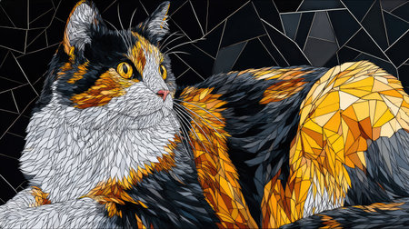 This artwork features a calico cat rendered in a mosaic style. The cat's fur showcases shades of orange, black, and white with a detailed geometric pattern set against a dark background. The image uses creative shapes to form the subject. This image is suitable for a variety of creative and commercial applications.の素材