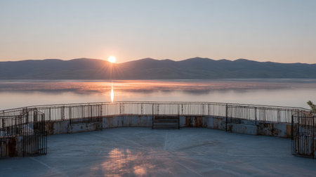 The image captures a serene sunrise scene featuring a lake and mountains. Soft light illuminates the landscape, highlighting the water's surface and distant mountain silhouettes. The composition includes a foreground structure. This image is suitable for a variety of editorial and commercial applications.の素材