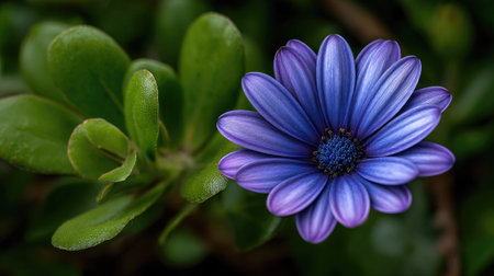 A close-up shows a single blue daisy blossom, surrounded by lush green foliage. The flower displays textured petals with a dark center. Soft lighting highlights the details of the plant. This image may be used for botanical studies or as a background for various design projects.の素材