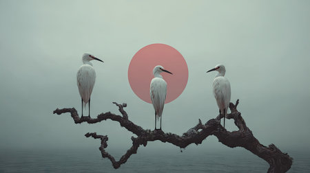 Three white birds are perched on a dark, gnarled branch, set against a pastel sunset. The composition features a circular sun, creating a soft, diffused lighting. The image evokes a serene atmosphere, potentially suitable for use in editorial illustrations or design projects emphasizing nature and tranquility.の素材