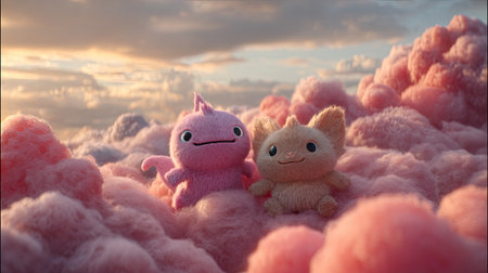 Two cartoon-style plush toys rest atop fluffy pink clouds, set against a pastel sky. Soft textures and warm lighting characterize the scene, suggesting a dreamlike environment. Suitable for various uses including children's media, illustrations, or artistic projects.の素材