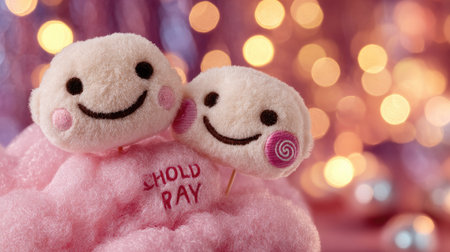 Two adorable cloud-shaped plush toys with smiling faces rest atop a fluffy pink cloud formation. The image features soft textures, warm lighting, and a bokeh background of golden circles. Suitable for children's media or designs evoking themes of joy and happiness.の素材