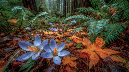 This close-up showcases vibrant crocus flowers emerging from fallen autumn leaves. The composition features ferns and a background of trees. The colors include purples, oranges, and greens. The image could be used for nature, seasonal, or environmental content.の素材