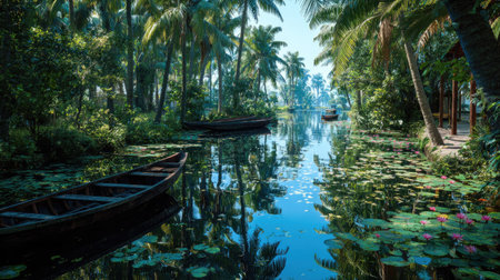 This image displays a serene waterway lined with lush palm trees. Sunlight reflects off the water, illuminating the scene and highlighting the boats. The composition suggests a tropical environment with vibrant greenery. Suitable for travel, nature, and environmental related commercial projects.の素材