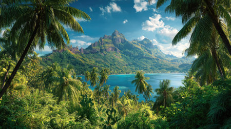 This image presents a vibrant tropical landscape, showcasing dense green vegetation, towering mountains, and clear blue waters. The composition features a natural outdoor setting, enhanced by sunlight. It could be suitable for various commercial purposes, including travel, environmental, and nature-related projects.の素材