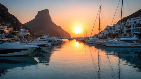 A harbor scene features numerous yachts and boats in the calm water at sunset. The sky displays warm colors as the sun sets behind a large mountain silhouette. Buildings line the harbor creating a contrasting balance. This image is suitable for travel, leisure, and coastal lifestyle projects.の素材