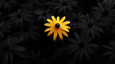 A singular yellow flower, radiant and bright, blooms against a backdrop of darkened flowers. The contrasting colors create a striking visual effect. The composition highlights the lone flower through focus, suggesting a theme of individuality. This image may be appropriate for creative designs and symbolic representations.の素材