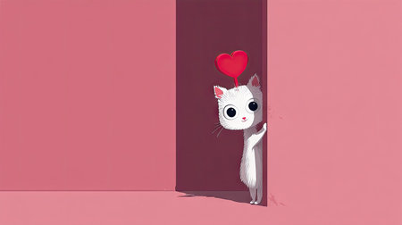 A white cartoon cat with large eyes peeks from behind a frame, with a red heart hovering above its head. The minimalist artwork features a flat design style with bright colors, primarily pink and white. The composition suggests a simple interior setting and is suitable for various design projects.の素材
