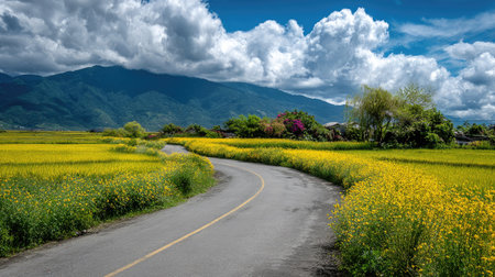 A paved road curves through lush yellow fields, leading towards a majestic mountain range. The composition features a bright, sunny day with puffy white clouds against a vivid blue sky. This image could be used for travel, nature, or landscape-themed projects, and for illustrative purposes.の素材