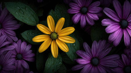 A single vibrant yellow flower stands out amidst a cluster of purple daisies in this image. Dark green leaves provide a contrasting backdrop. The close-up composition and soft focus suggest a natural, outdoor setting. Suitable for various creative projects, including design, and editorial content.の素材