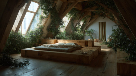 An interior scene presents a wooden bedroom bathed in soft natural light. A large bed sits on a wooden platform surrounded by lush plants. The architecture features exposed wooden beams and a sloped ceiling. This image is suitable for various commercial applications, including interior design and lifestyle content.の素材