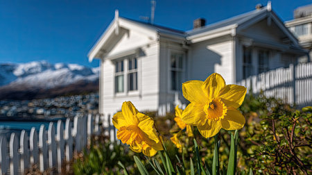 Bright yellow daffodils bloom in front of a white cottage and fence, contrasted against a clear blue sky and snow-covered mountains. The image displays an outdoor scene with natural lighting and soft focus. It could be suitable for various commercial applications, including travel and lifestyle content.の素材