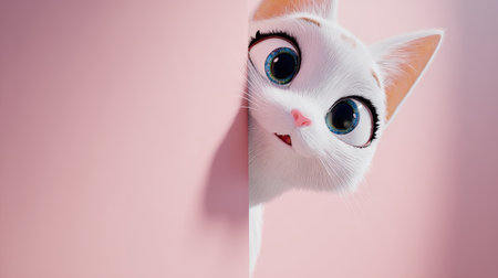 A white cat with striking blue eyes peers from behind a soft pink surface. The image is brightly lit, with a focus on the cat's expressive face. The composition creates a playful and curious mood. Suitable for various commercial applications, the image can be used for advertising or editorial purposes.の素材