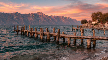 A wooden pier extends into a body of water under a colorful sunset sky. The composition features mountains in the background and calm water. The image displays warm colors and natural textures, suggesting an outdoor environment. Suitable for a variety of commercial and editorial applications.の素材