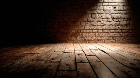 An indoor composition features a wooden floor and a brick wall, illuminated by a focused light source. The scene exhibits a contrast of light and shadow, with a textured wooden surface and a weathered brick background. This image could be suitable for various commercial uses or creative projects.の素材