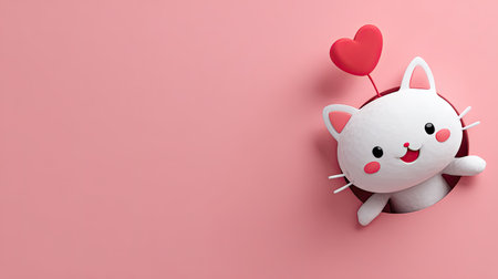 A cheerful illustration features a white cat emerging from a circular opening, accompanied by a floating red heart. The composition is set against a soft pink background. The style is clean, with smooth textures and bright colors, suitable for use in a variety of design projects and promotional materials.の素材