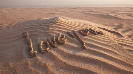 The phrase "I Love You" is inscribed in the sand of a dune under warm, natural light. The image showcases textured sand patterns and soft shadows, suggesting an outdoor, desert setting. This scene could be used in various projects related to romance, travel, or creating visual narratives. The simple composition directs attention to the heartfelt message.の素材