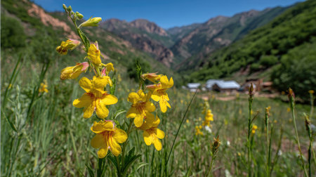 The image showcases bright yellow wildflowers in sharp focus, set against a blurred landscape of mountains and greenery. The composition features natural lighting with a sunny outdoor setting. Potential uses include illustrating natural beauty, environmental themes, or travel destinations, suitable for various commercial projects.の素材