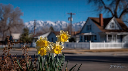 A close-up view shows vibrant yellow daffodils in the foreground, with residential houses and mountain range blurred in the background. The image captures a sunny day, featuring natural light and a composition that could be suitable for editorial and commercial applications. The photograph's focus is on the spring season, with a mix of natural and constructed elements.の素材