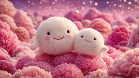 Two smiling, fluffy characters are set within a vibrant, dreamlike landscape of pink clouds. The illustration utilizes soft textures and pastel colors, possibly created digitally. The composition features a centered perspective. This image could be useful for children's content or designs emphasizing concepts of joy and friendship.の素材