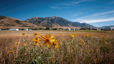 A field of yellow flowers is in the foreground with dry grass. Behind the flowers, a vast field stretches towards a large mountain range. The sky is clear blue, and the scene is illuminated by daylight. This composition offers potential uses for various commercial and illustrative projects.の素材