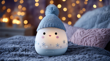 A charming, illuminated character with a knit hat rests on soft, textured bedding. The image features a warm, inviting glow, with bokeh lights in the background. The scene evokes a sense of comfort and serenity, suitable for various design and editorial projects. The character design is simple and cute.の素材