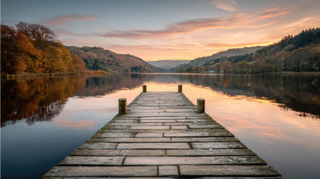 A wooden pier stretches into a tranquil lake reflecting the vibrant colors of a sunset. The composition features a symmetrical arrangement, with the pier leading the eye toward a mountainous backdrop. Warm hues of orange and yellow dominate the sky, suggesting a serene outdoor environment. The image could be used for various commercial or editorial purposes.の素材