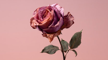 A single rose with faded purple and orange petals stands against a pale pink backdrop. The flower's texture reveals its age, the petals curling and drying. The composition is simple, lit with soft, diffused light. This image may be suitable for editorial projects or design applications.の素材