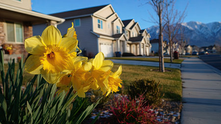 Vibrant yellow daffodils are in sharp focus against a backdrop of residential homes and a mountain range. The composition features a sunny day with natural light, showcasing the flowers' textured petals and the surrounding green grass. This image could be used for illustrating spring, nature, or residential themes for various editorial or commercial purposes.の素材