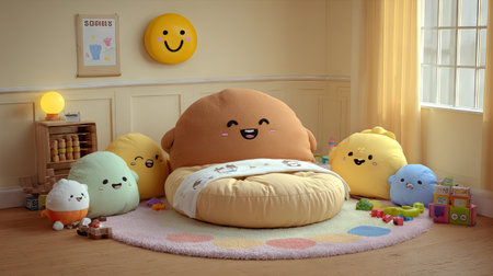 This image presents a charming room featuring several plush characters with joyful expressions. The scene is rendered with soft lighting and a warm color palette. The composition suggests a children's space with playful elements. It is suitable for various applications, including illustrating themes of happiness and childhood.の素材