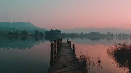 A wooden pier stretches into a calm lake, reflecting the soft hues of a sunset. The composition features a mountain range in the background, framed by a dusky sky. The scene is serene, with a gentle color palette and balanced lighting, suitable for a range of commercial and editorial applications.の素材