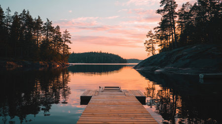 A wooden dock reaches out over still water reflecting colorful sunset hues. Pine trees line the shore, silhouetted against a warm sky. The composition creates a sense of peace and tranquility, suitable for use in nature-related articles or serene visuals.の素材