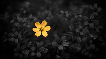 A single yellow flower is centered within a frame of dark flowers. The petals are vividly colored in contrast to the darker tones of the background. The composition is detailed, suggesting a focus on the natural world, and could be suitable for various commercial and editorial applications.の素材