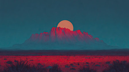 This digital artwork showcases a striking landscape featuring a stylized mountain range under a vibrant sunset. The composition employs bold colors, including reds, oranges, and blues, creating a visually appealing contrast. The image suggests a tranquil outdoor environment with a focus on visual storytelling, making it ideal for various creative projects.の素材