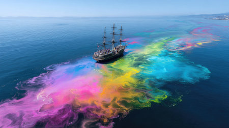 A sailing ship navigates vibrant, multicolored waters under a clear blue sky. The composition shows a unique visual effect with swirling patterns and bright colors. This artistic image could be suitable for various conceptual projects, advertising campaigns, or editorial content seeking a dynamic aesthetic.の素材