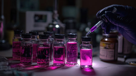 A hand wearing a glove fills small glass vials with vibrant pink liquid. The scene features a collection of similar vials, suggesting laboratory work. Dim lighting and a close-up perspective highlight the textures and colors. The image could be used for scientific articles, medical websites, or educational materials.の素材