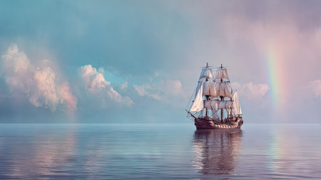 A classic sailing vessel glides across tranquil waters under a soft, pastel-colored sky. A full rainbow arcs across the horizon, adding to the dreamlike atmosphere. The composition highlights the ship with its detailed rigging. Suitable for use in travel, adventure, or historical themed projects.の素材