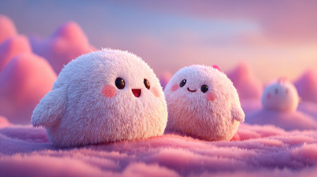 Two fluffy, round creatures with cheerful expressions are featured against a soft pink and blue background. The image showcases a cartoon style with gentle lighting and a focus on texture. Ideal for illustrating children's stories or for use in various design projects. The composition is simple and inviting.の素材