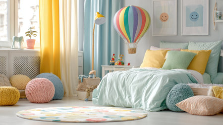 A bright and inviting bedroom interior features a bed with various colored pillows and a decorative hot air balloon. The room is bathed in soft natural light from a nearby window, complemented by pastel color curtains and a patterned rug. The image is suitable for home decor and lifestyle projects.の素材
