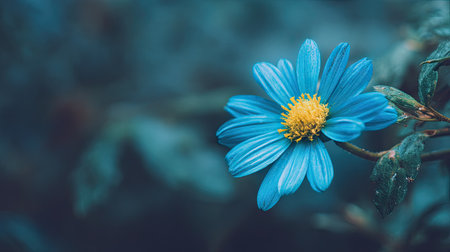 A close-up image features a single blue flower with a bright yellow center. The flower is set against a blurred, dark background, creating a strong contrast. The composition highlights the flower's delicate petals. This image could be suitable for various commercial or editorial uses, such as illustrating botanical articles.の素材