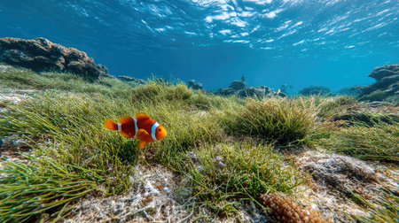 A colorful clownfish swims near the ocean floor, surrounded by green sea grass under a blue water surface. The composition features a wide-angle perspective with natural lighting, capturing the underwater ecosystem. This image may be suitable for educational materials, environmental publications, or commercial projects focused on marine life.の素材