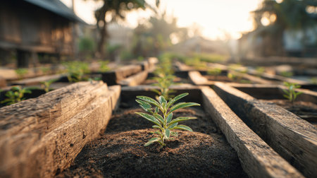 A close-up perspective shows young plants growing in rectangular wooden garden beds. The image features natural tones of brown and green with soft sunlight illuminating the scene. The composition evokes a sense of growth, cultivation, and agriculture, potentially suitable for editorial or commercial use.の素材