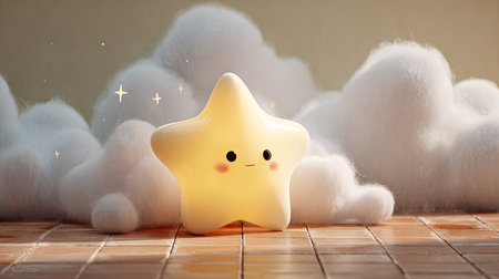 A luminous star character is featured, set before a backdrop of soft, fluffy clouds. The scene is illuminated by gentle, diffused light, suggesting a dreamy or serene environment. The style is whimsical and inviting, suitable for applications requiring a touch of fantasy or illustration. Suitable for various commercial uses.の素材